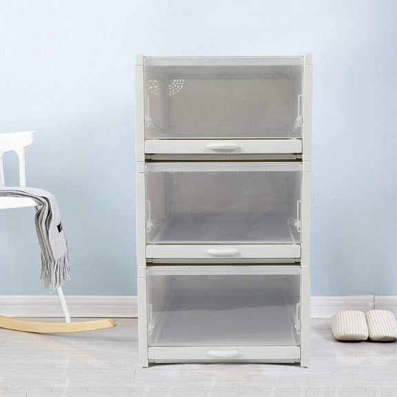 3Pcs Shoe Boxes Front Opening Clear Plastic Stackable Drawer Type Shoe Boxes(Large)