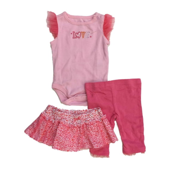 Infant Girls Pink Love Baby Outfit Leopard Print Bodysuit Pants & Skirt Set