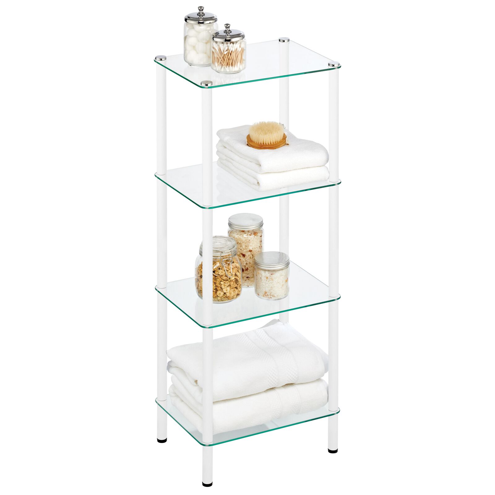 mDesign Tall 4-Tier Glass and Metal Freestanding Shelf Organizer Display Unit Narrow Shelves for Bathroom, Kitchen, Bedroom, Office Open Shelvin - 1