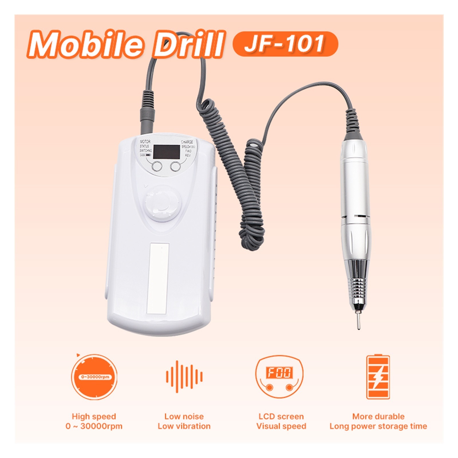 Portable Nail Drill Professional 30000 RPM, Rechargeable Electric Nail File Machine E File For Acrylic Nails Gel Polishing Removing, Cordless Efile With Bits Kit For Manicure Salon Home