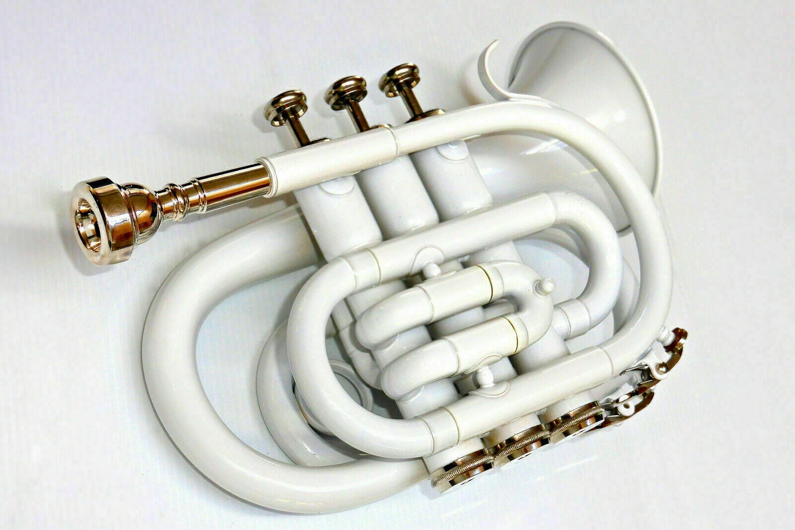 POCKET TRUMPET Bb PITCH WHITE.COLOR WITH CASE.& MOUTHPIECE, NICELY TUNED-78