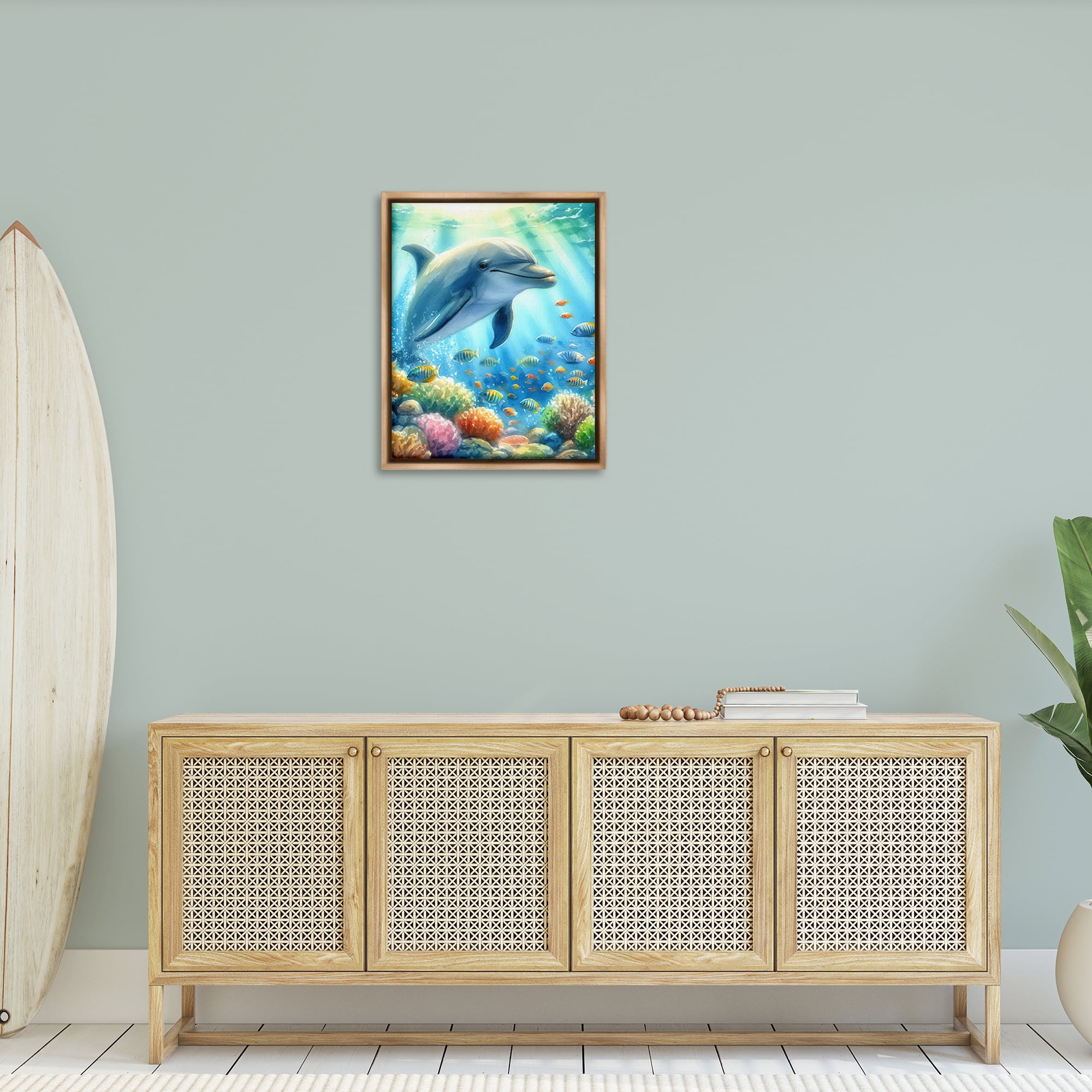Stupell Industries Majestic Dolphin Underwater Nautical & Beach Painting Brown Floater Framed Canvas Art Print Wall Art, 25 x 31