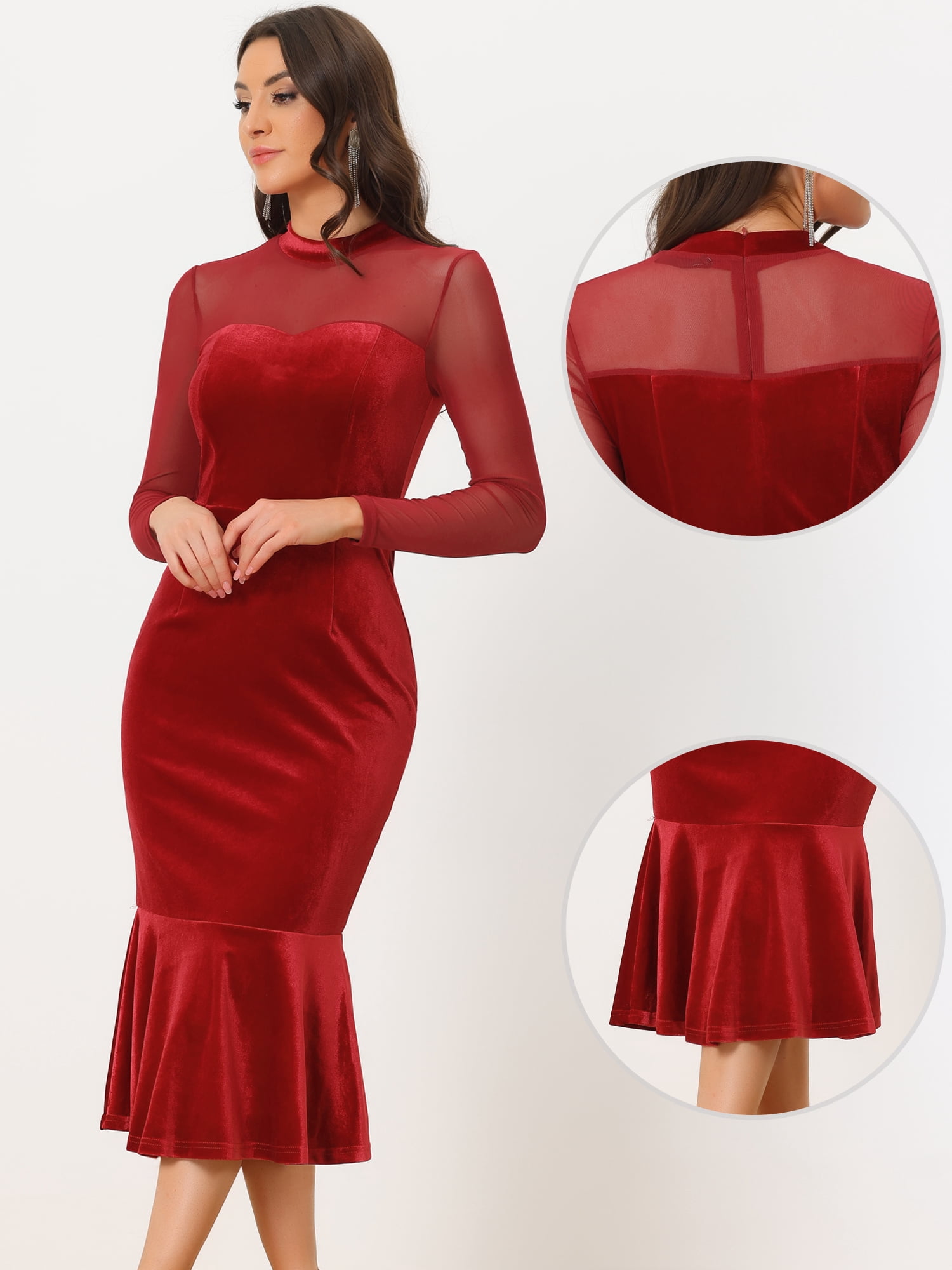 DARING DIVA Elegant Velvet Sheer Mesh Cocktail Dress S Dark Red