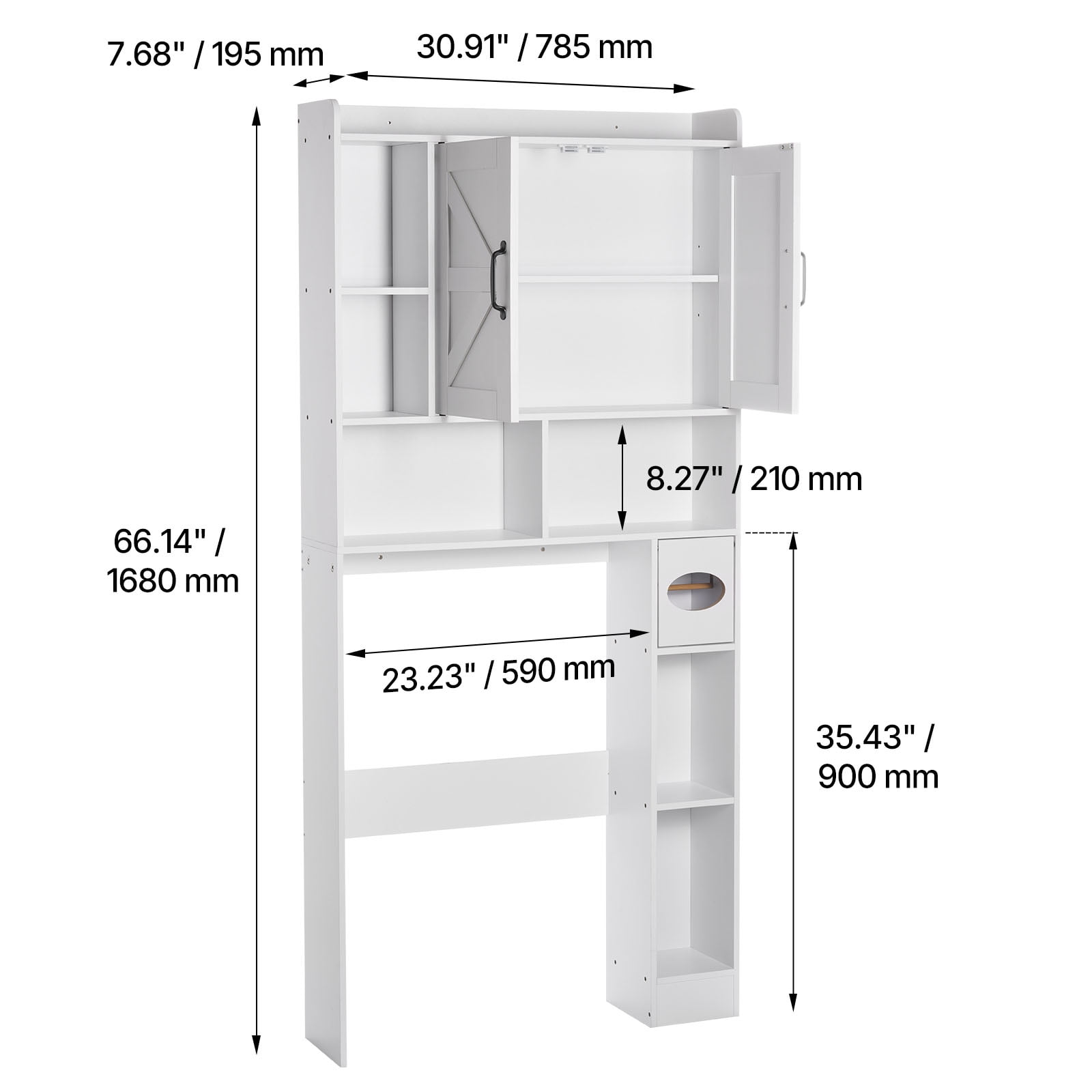 KFFKFF Over-The-Toilet Storage Cabinet, 66.14-Inch Tall Bathroom Organizer with Adjustable Shelf and Double Doors, Space-Saving Bathroom Storage Unit with Open Shelf, White
