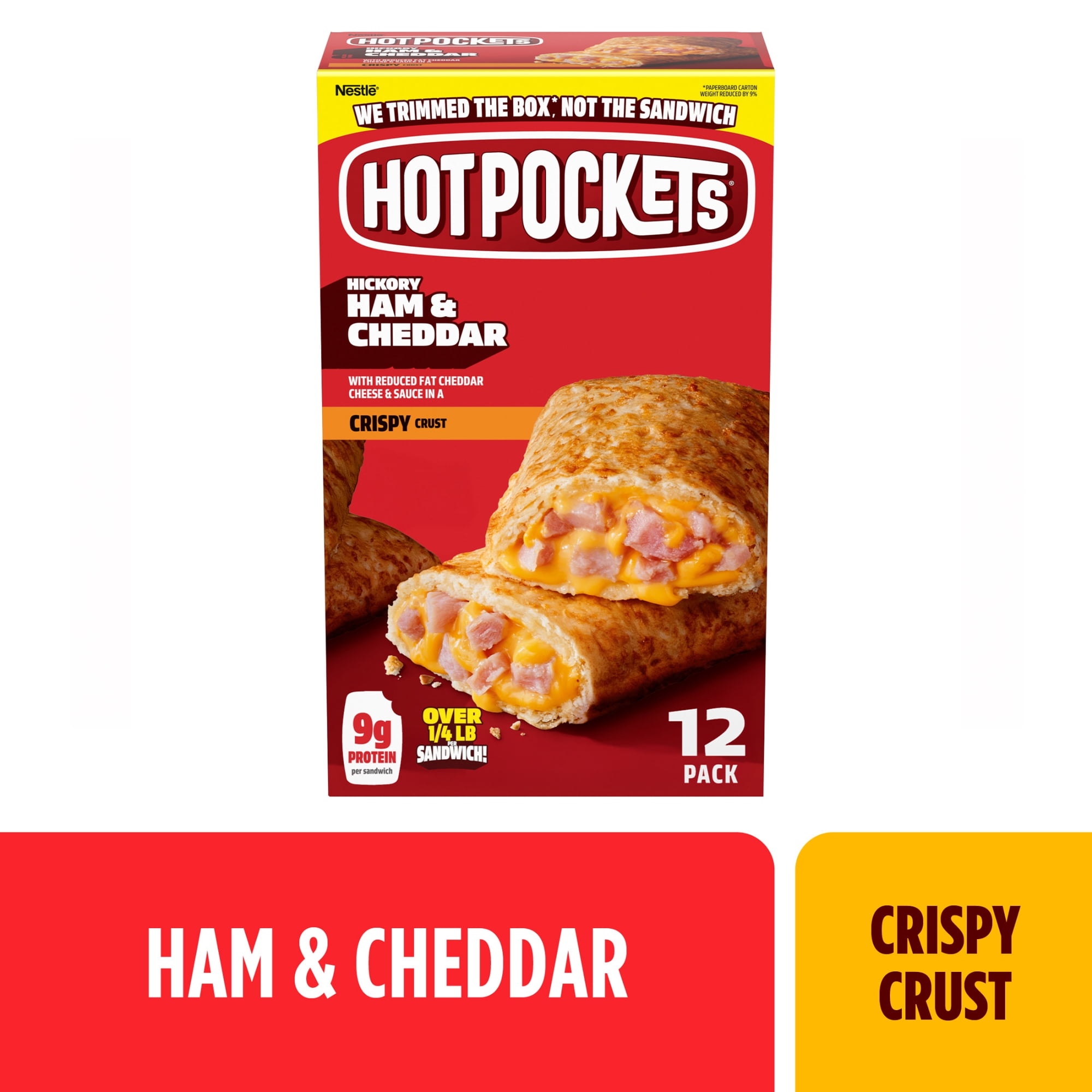 Hot Pockets Frozen Snacks Hickory Ham and Cheddar Cheese Crispy Crust Sandwich, 54 oz, 12 Pack (Frozen)