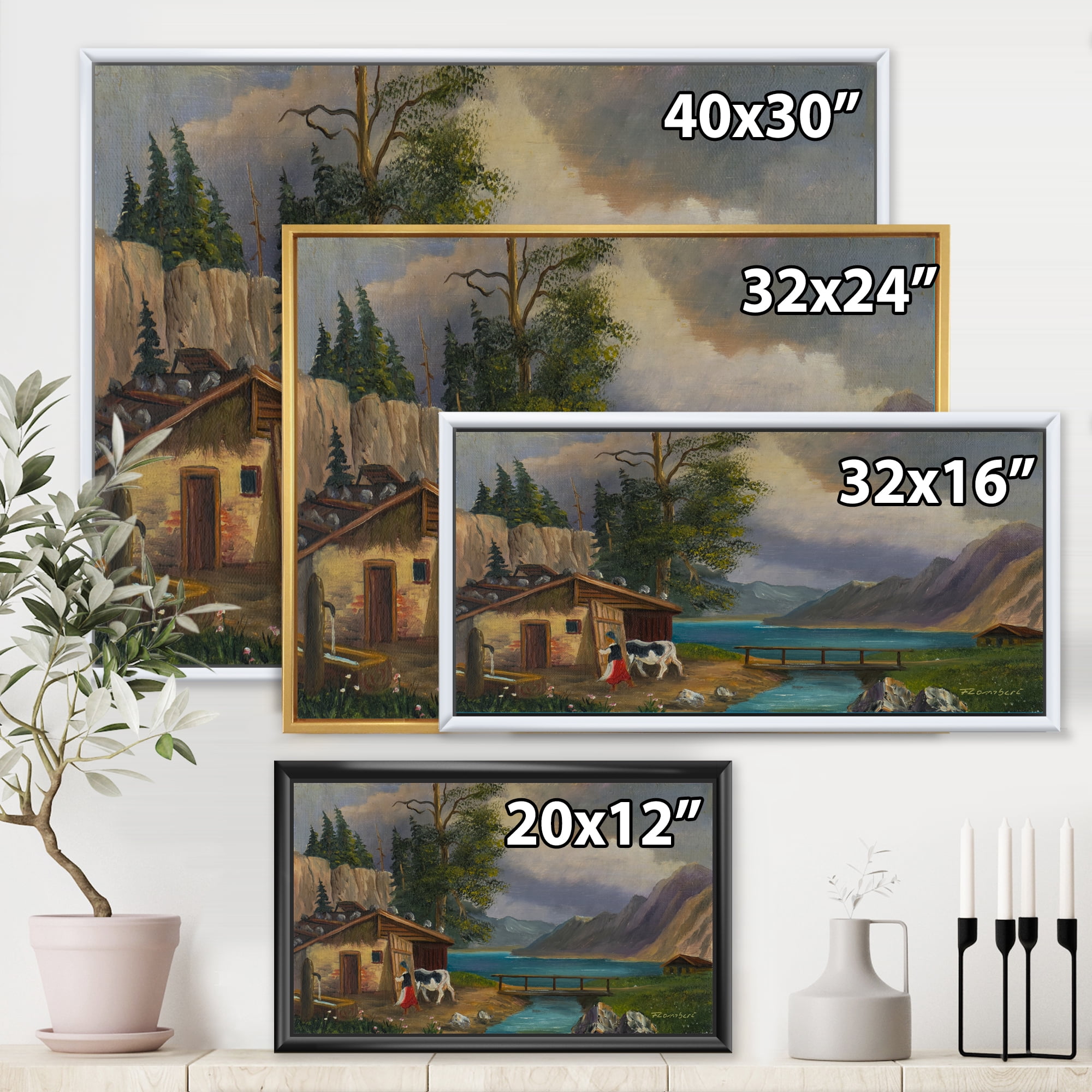 Girl Brings The Cow Into The Stable At A Lake 20 in x 12 in Framed Painting Canvas Art Print, by Designart