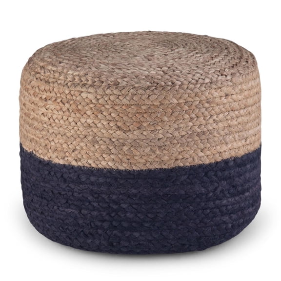Simpli Home Lydia 18 inch Wide Boho Round Pouf in Navy and Natural Hand Braided Jute