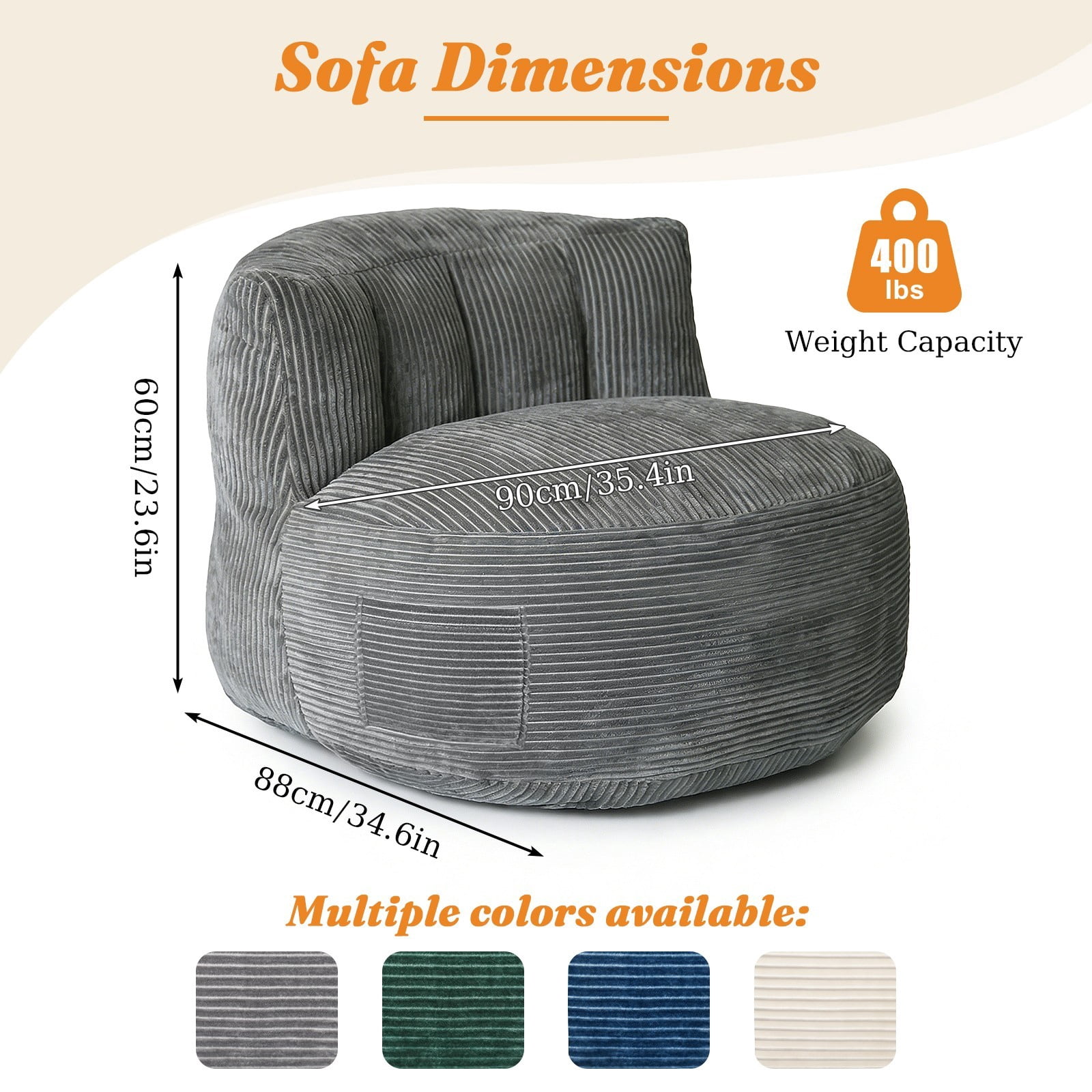 TOPCHANCES Large Bean Bag Chair for Adults, Crushed Foam Floor Chair with Storage Pocket & Carry Handle,  Indoor Lazy Lounger Sofa for Living Room Bedroom, Dark Gray
