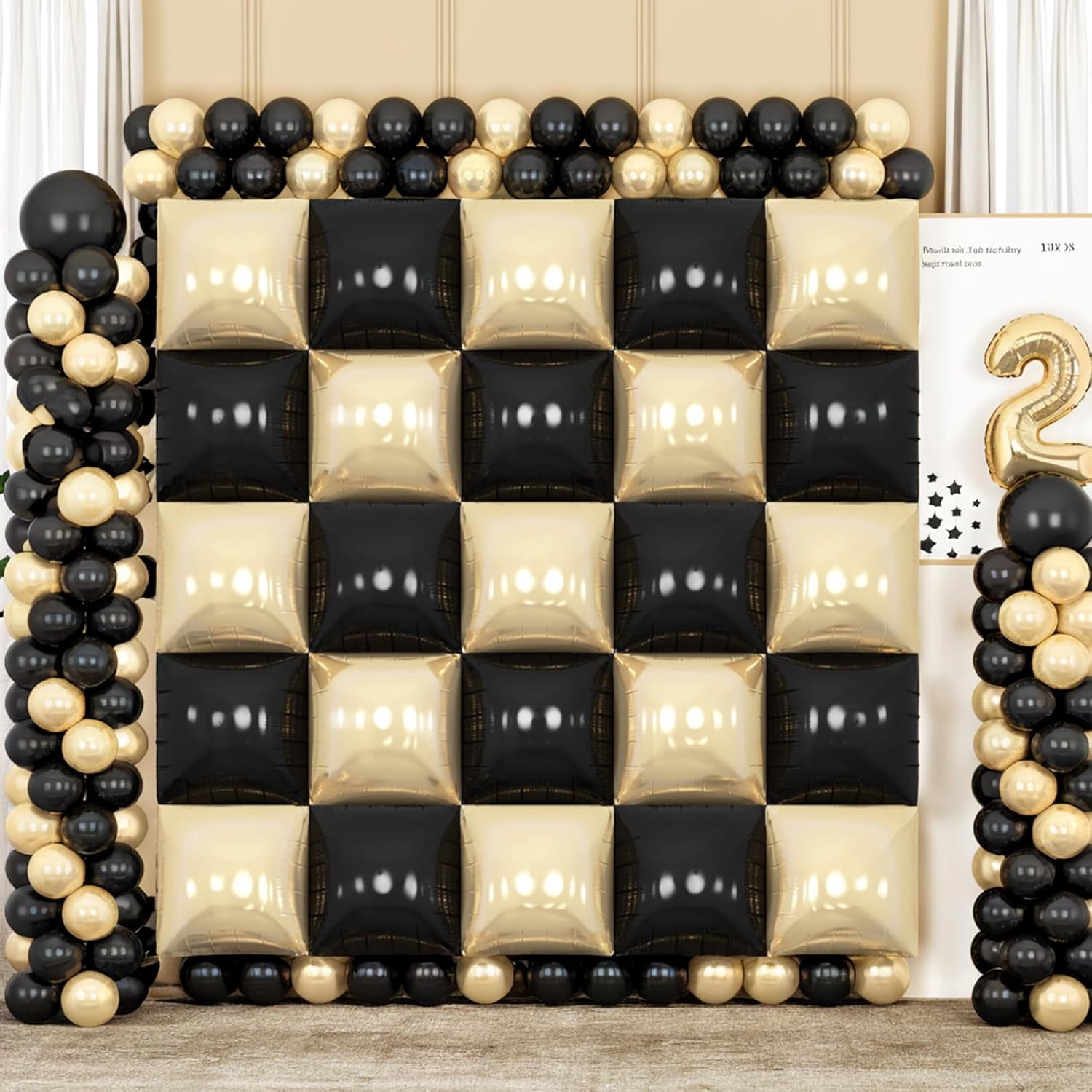 Black Gold Square Foil Balloon Wall,25Pcs Champagne Gold Double Sided Foil Balloons Backdrop Helium Tunnel Arch Garland Kit for New Year Eve Birthday Bridal Anniversary Graduations Party Decorations