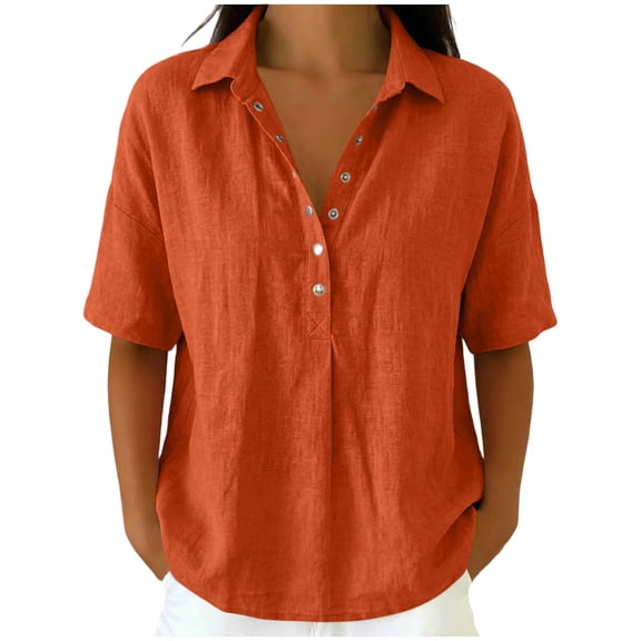PBFRDSJ Cotton Linen Tops for Women Summer Collared Button Down Pullover Tee Shirts Dressy Casual Half Sleeve Loose Shirts