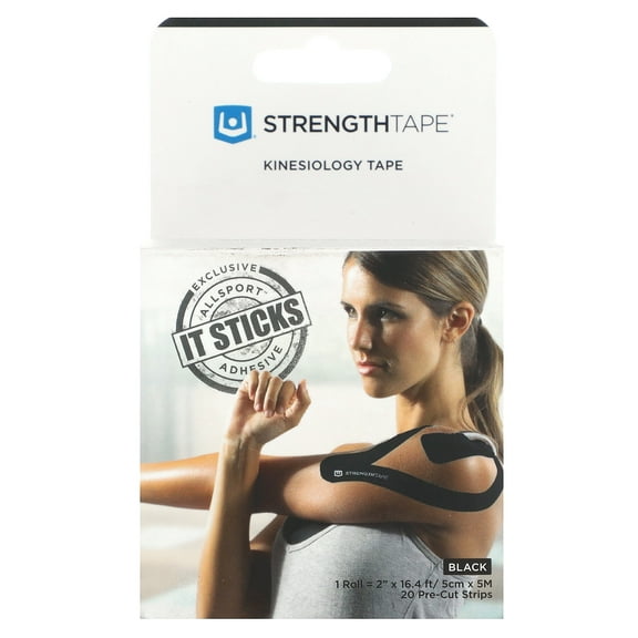Strengthtape Kinesiology Tape, Black, 20 Pre-Cut Strips