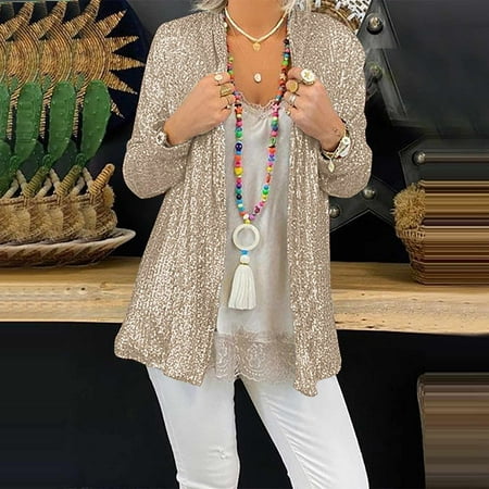 HUPOM Girls  Tops  Tees & Blouses Button Long Sleeve Sequin Cocktail & Party Solid Cardigan Sweaters For Women Khaki 2XL(US:12)
