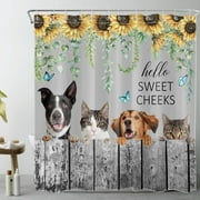 Funny Farm Animal Shower Curtain for Bathroom Blue Butterfly and Sunflower Floral with Green Leaf Plant Bathroom Shower Curtains with Hooks, Farmhouse Vintage Bathroom Curtains Shower Set 72x78 inch