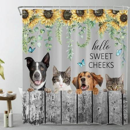 Funny Farm Animal Shower Curtain for Bathroom Blue Butterfly and Sunflower Floral with Green Leaf Plant Bathroom Shower Curtains with Hooks, Farmhouse Vintage Bathroom Curtains Shower Set 72x78 inch