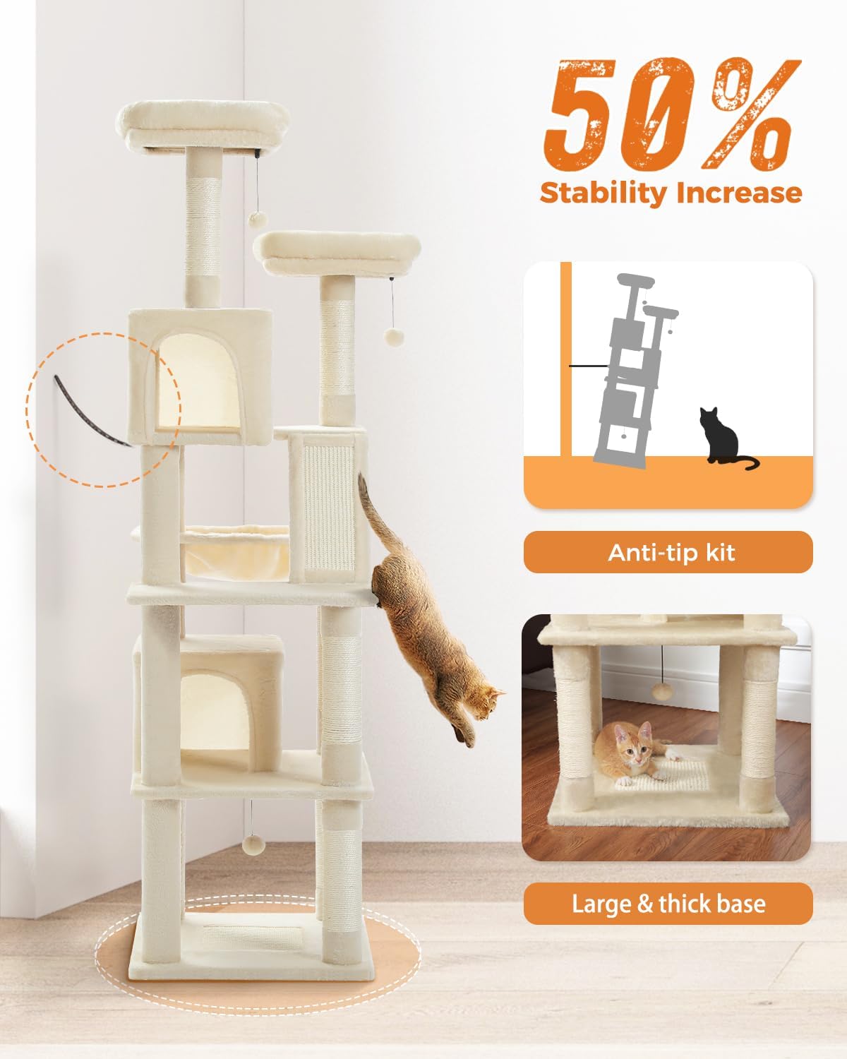 LEHOME 70 Inch Cat Tower, Tall Cat Tree with 2 Cozy Condos, 2 Plush Perch, Large Basket, 2 Scraching Pad & 6 Scraching Posts for Indoor Cats Large Adult, Beige