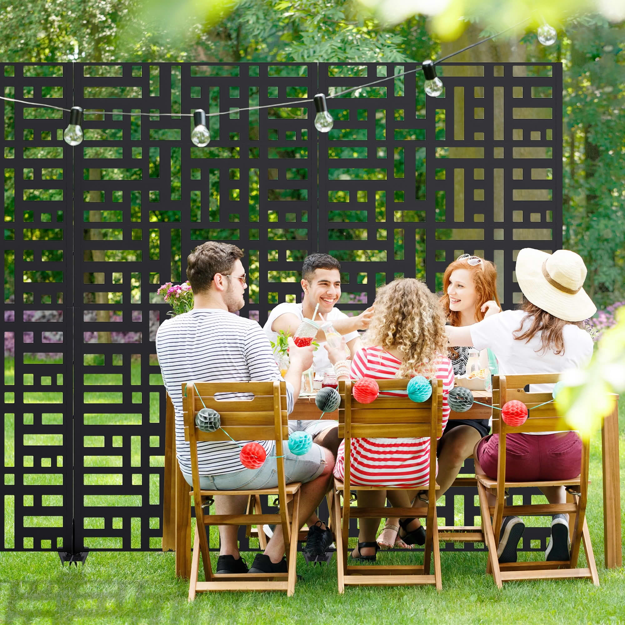 MAYEERTY 72"x35" Decorative Privacy Screen, 6-Panel Black Street Cutout Galvanized Steel Fence, Weather Resistant for Deck Balcony
