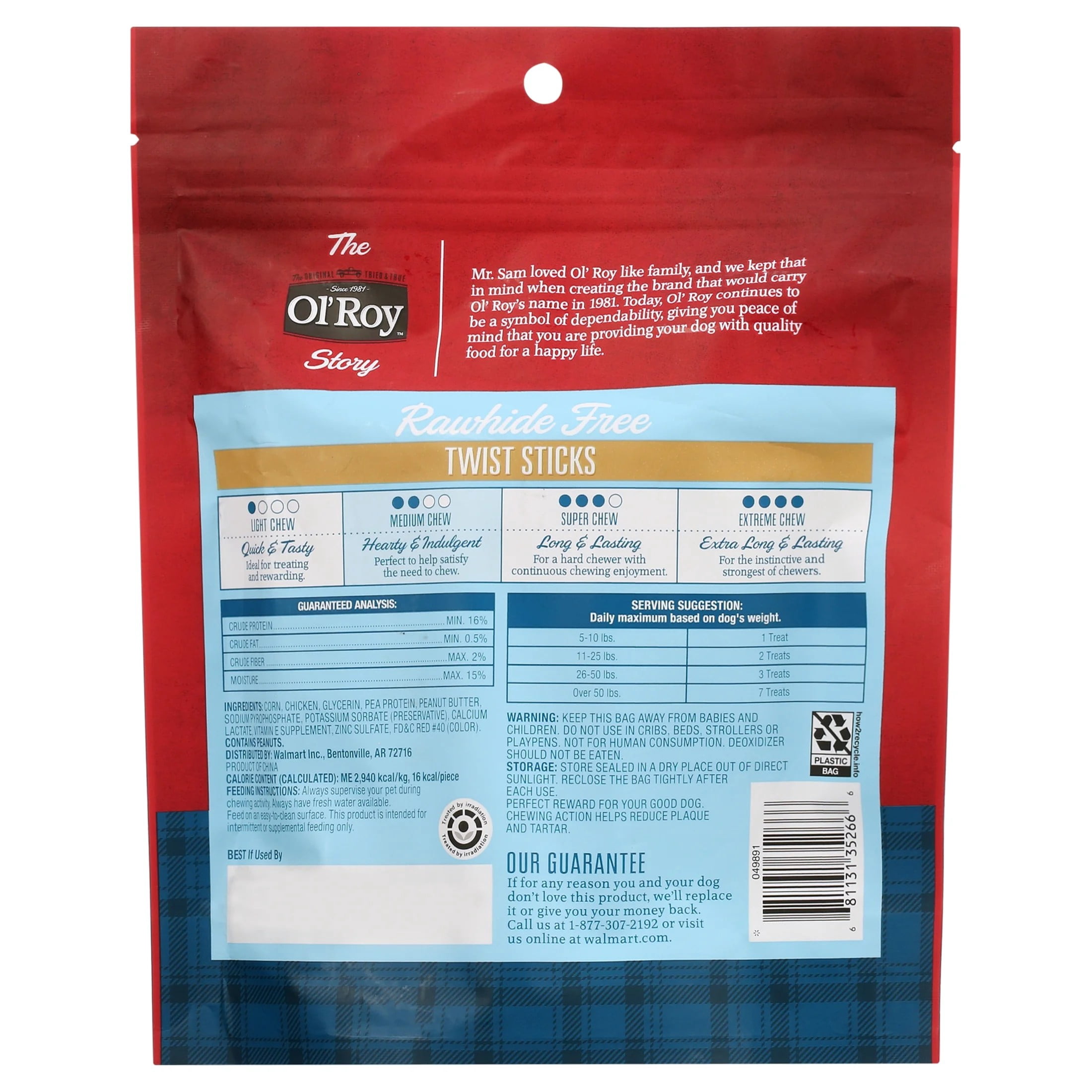 (3 pack) Ol' Roy Rawhide Free Peanut Butter Twist Sticks for Dogs, 9.7 oz. Bag, 50 Treats