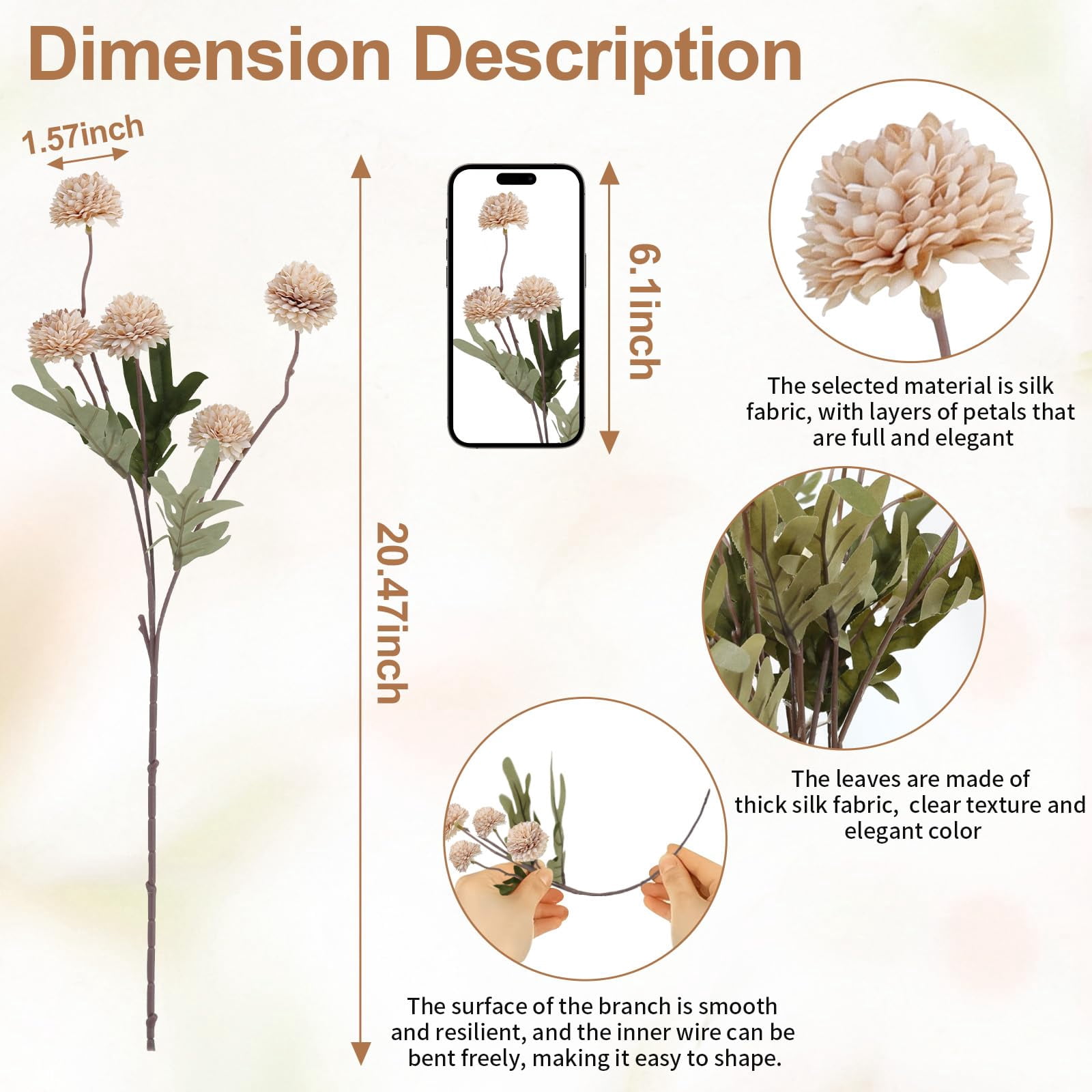 Trianu 6Pcs Artificial Silk Pompon Mum Flowers, Fake Small Chrysanthemums with Stems for DIY Bouquet Centerpieces Wedding Fillers Arrangements Shower Decorations, Beige