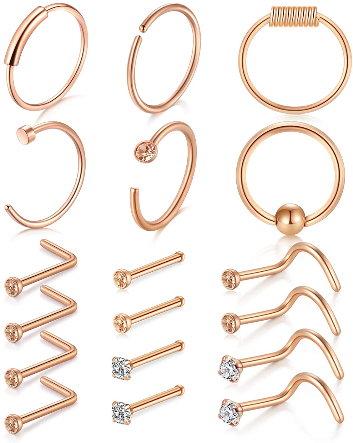 HTWW 22g Nose Rings Hoop L Shaped Nose Rings Studs Nose Screw Surgical Stainless Steel CZ Top