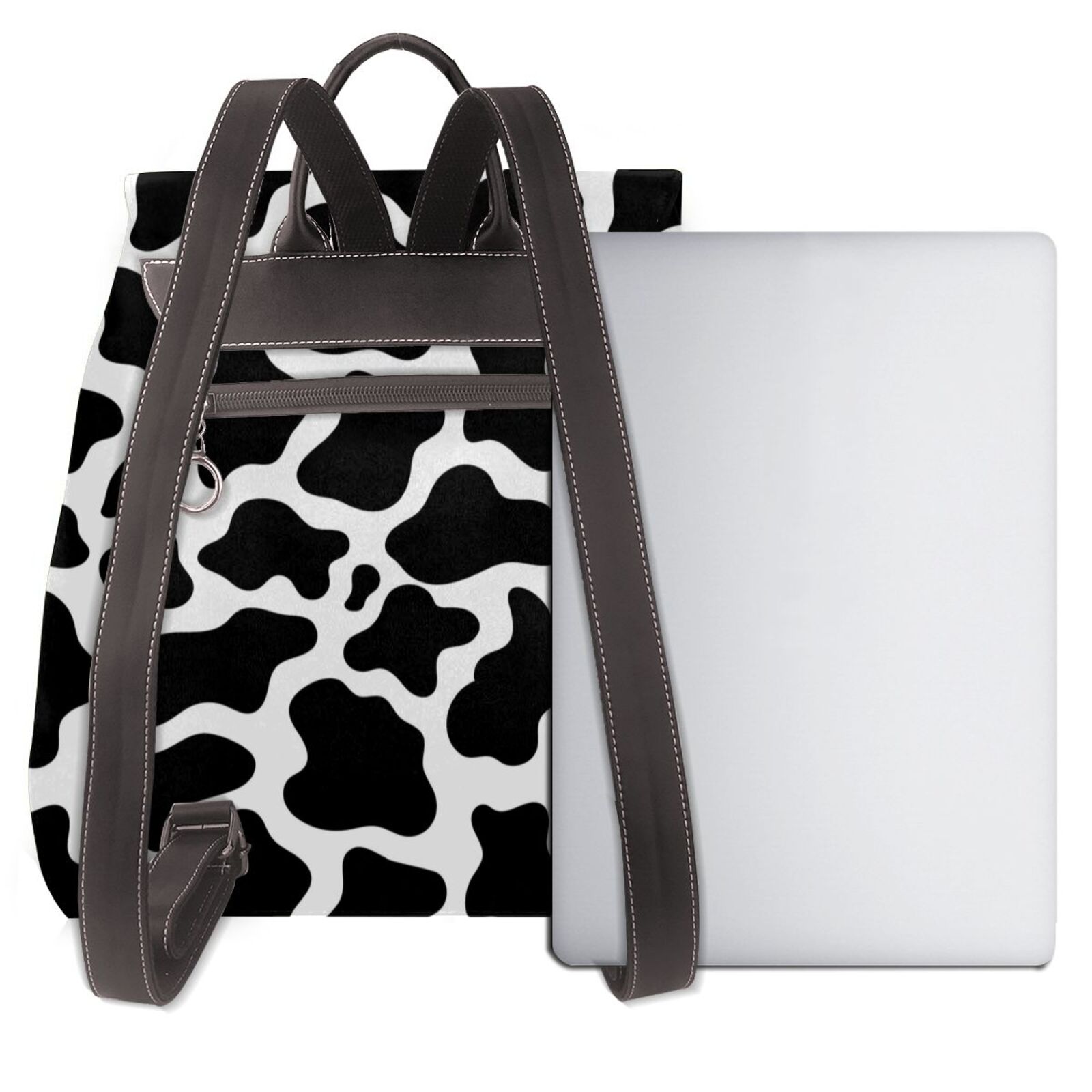 Kuqiui Cow Print Black White Print Leather Backpack Purse For Women Fashion Ladies Vintage Bags Casual College Travel Backpacks bag