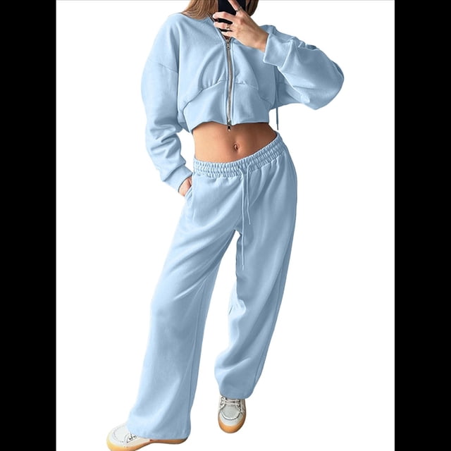 Conjunto Deportivo para Mujer: Sudadera con Capucha y Cremallera de Larga con Pantalones de Color Liso con Cordones - Conjunto de Dos Piezas Azul L