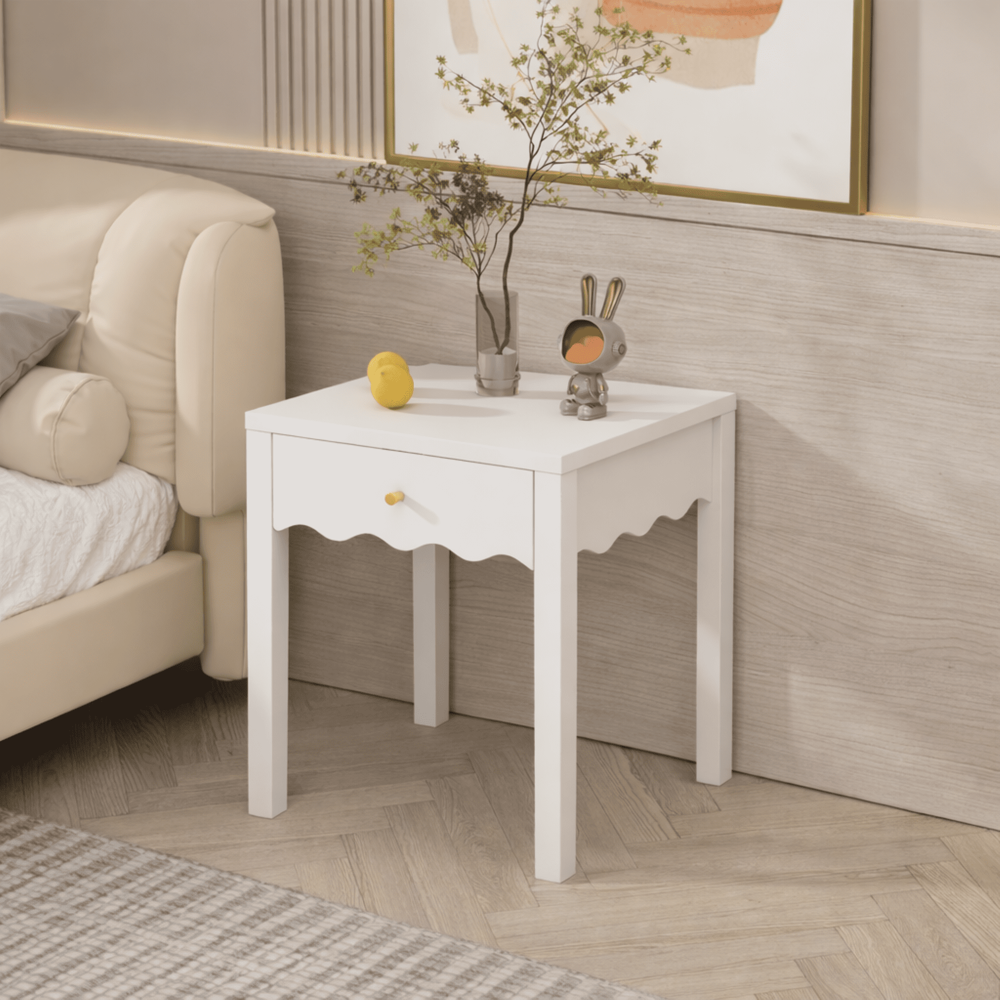 White Nightstand with Drawer, Modern Bedside Table with Wavy Apron Design, Compact End Table for Bedroom Living Room, Small Side Table with Storage
