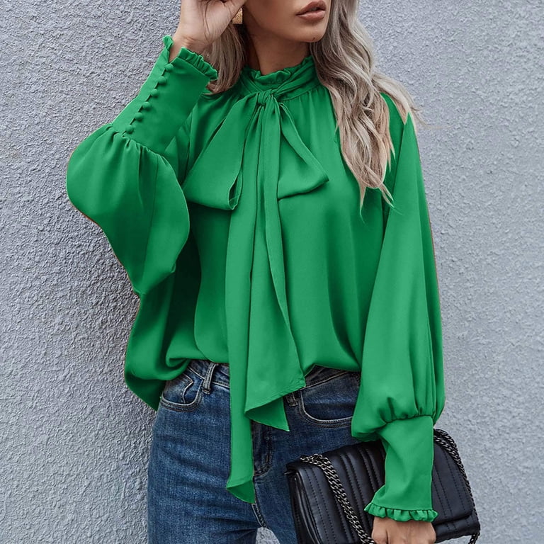 JGGSPWM Women's Bow Tie Neck Chiffon Blouse Shirt Back Keyhole