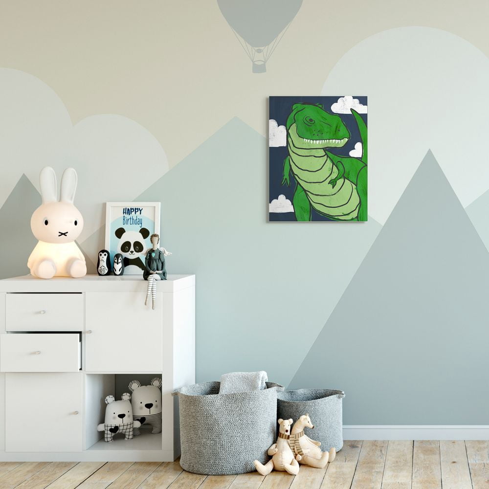 Stupell Industries T-Rex Kid's Illustration Green Dinosaur Blue Sky Canvas Wall Art Design by Daphne Polselli, 16" x 20"