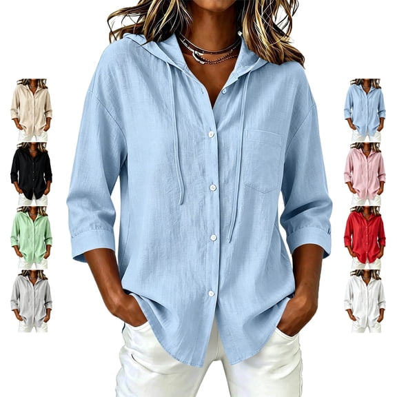 TGSLY Hooded Button-Down Shirt for Women Lightweight Soft 3/4 Sleeve Cotton Linen Blouses Relaxed Fit Dressy Casual Solid Color Drawstring Hooded Tops with Chest Pocket XXL