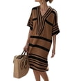 thumbnail image 2 of Sakmal Spring Dresses for Women Cotton Linen Midi Plus Size Mumu Tshirt Dress Brown Striped V Neck Short Sleeve Ladies Sundress XL, 2 of 8