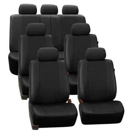 FH Group Black Deluxe Faux Leather Airbag Compatible and Split Bench Car Seat Covers, 7 Seater 3 Row Full Set