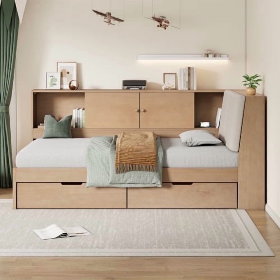 Twin Wooden Daybed with Storage Bookcase and Drawers, Corner Twin Bed Frame with USB & Upholstered Headboard, Daybeds for Teens Adults, Natural