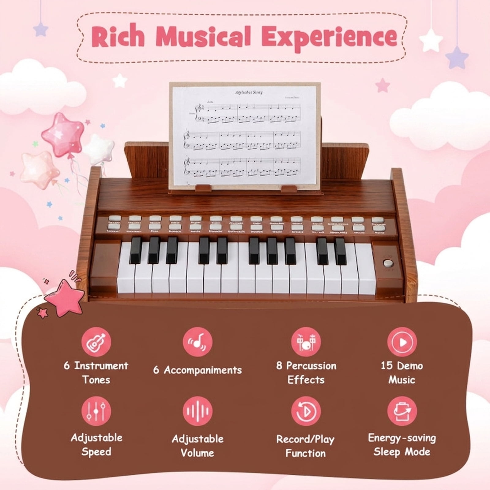 Redsmile 25-Key Kids Piano Keyboard with Adjustable Speed, Volume Control and Hidden Battery Box for Toddlers, Brown