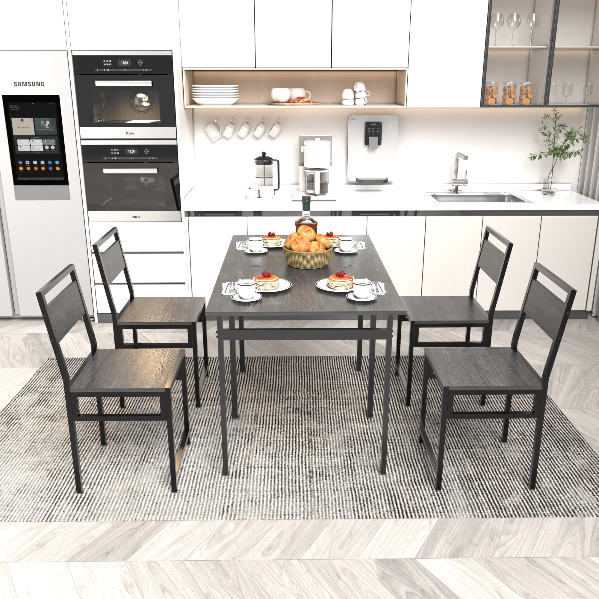 HOQBN Extendable Dining Table Set with 4 Chairs, Industrial Rectangular Kitchen Table,Wood Grain Metal Frame Space Saving Dinner Furniture for Small Family Apartment,Charcoal+Grey