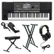 Korg PA600 Professional Arranger Keyboard with Knox Keyboard Bench, Knox Keyboard Stand Full-Sized Headphones and Universal Sustain Pedal