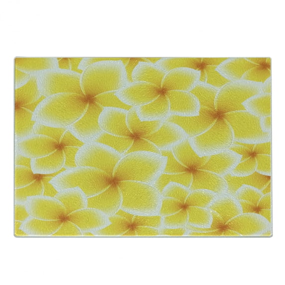 Yellow Cutting Board, Plumeria Frangipani Flower Blossom Pattern Hawaiian Floral Wildlife Art, Decorative Tempered Glass Cutting and Serving Board, Small Size, Yellow and White, by Ambesonne