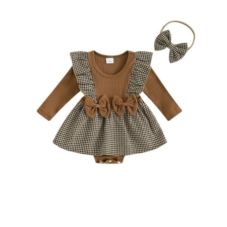 

Sunisery 0-18Months Baby Girls Autumn Romper Dress Long Sleeve Ruffle Houndstooth Print Patchwork Romper with Headband