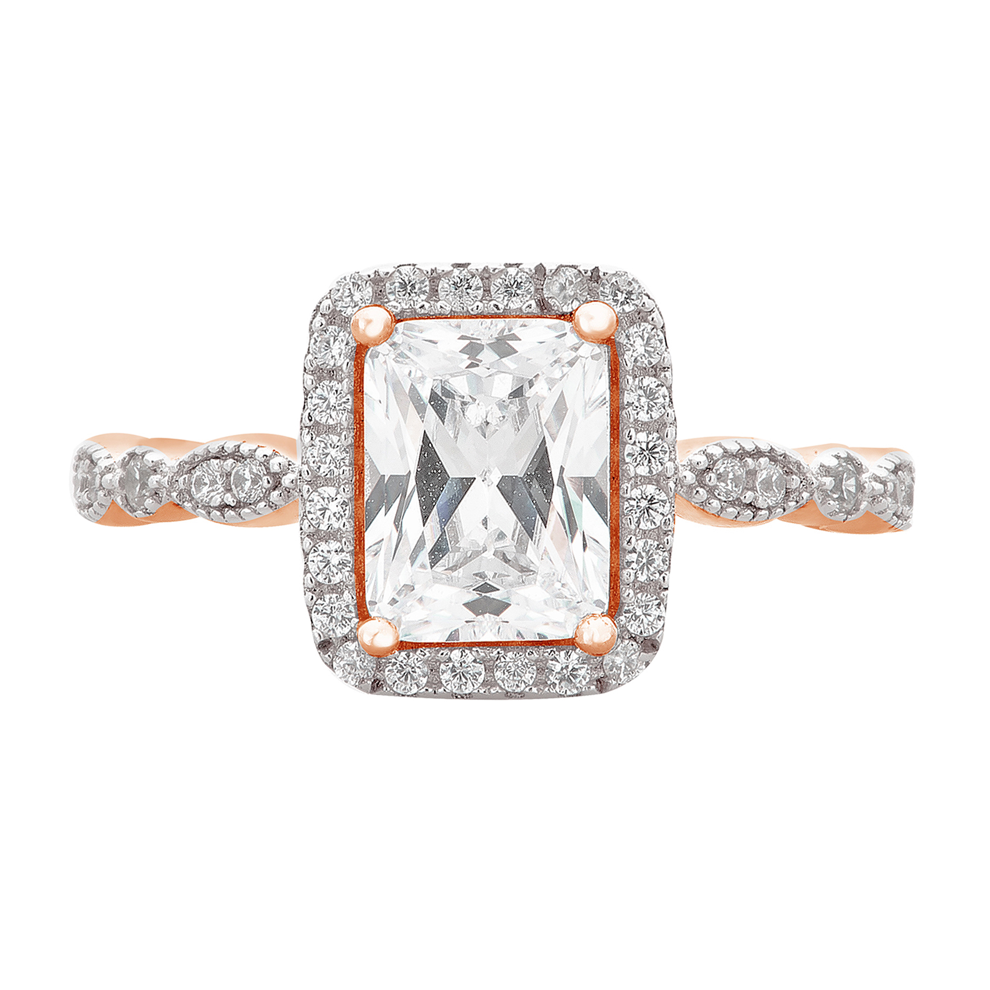 Arista 2-1/4 Carat T.W. Emerald Swarovski Twisted Shank Engagement Ring in Pink Plated Sterling Silver
