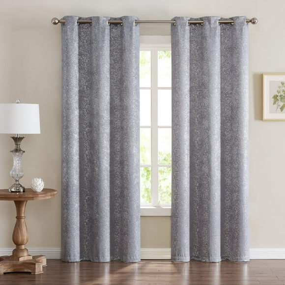 Dainty Home Chic Home Artistic Printed Lurex Foil Heavy Weave Thermal Black Noise Reducing Blackout Window Panel Pair, 38" x 84" Each (76" x 84" Total), Shimmering Silver Grey, 2 Piece