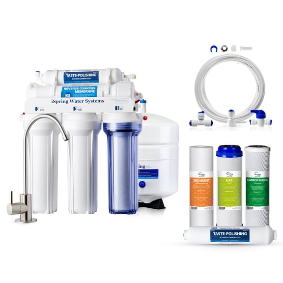 iSpring RCC7 Under Sink RO Water Filtration System w/F4 6-Month Filter Set & ICEK Ice Maker Installation Kit, NSF Certified, Complete Bundle