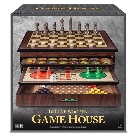 Ambassador Craftsman Deluxe Wooden Game House W/ Chess, Checkers, Backgammon, Mancala, Snakes & Ladders and more, kids 6 