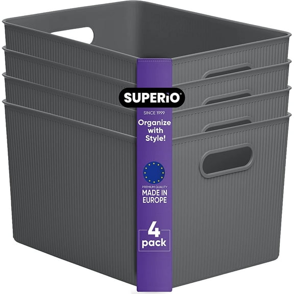 Superio Ribbed Plastic Storage Basket Organizer (4 Pack), 22 Liter Classic Closet Storage Bin for Shelf, Desk, Pantry â Store Toys, Clothes, Cosmetics, Stationary â Grey