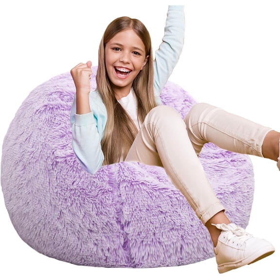 Fluffy Bean Bag Chair for , 2.5FT Round Memory Foam Filled Teens , Ultra Soft Faux Fur Fabric Chairs for , Living Room, Bedroom, Lavender