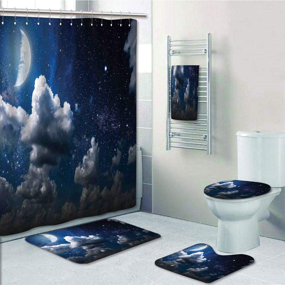 Cloud Galaxy Moon Shower Curtain Bath Mat Toilet Cover Rug Bathroom Decor 