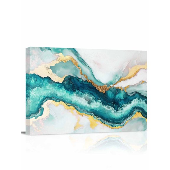 Abstract Marble Wall Art for Living Room,Canvas Picture Wall Decor for Bathroom Bedroom,Turquoise Abstract Golden Foil Texture Painting Artwork for Office Kitchen Hallway Dining Room Decor 20"x24"