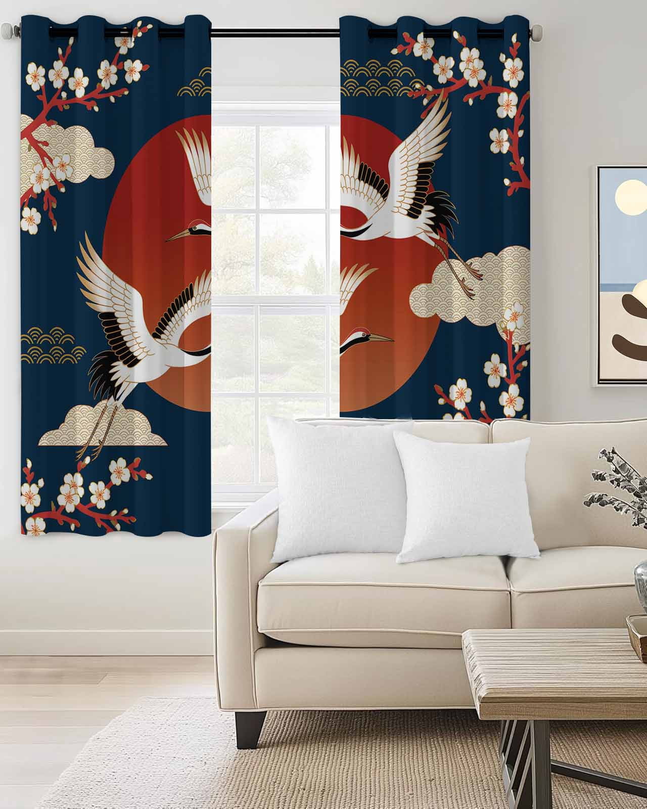 Japanese Style Blackout Curtains for Bedroom/Living Room, Thermal Insulated Kitchen Curtains, Modern Cranes Cherry Flower Wave Navy Blue Grommet Darkening Window Treatment Drapes 27.5"x39"x2