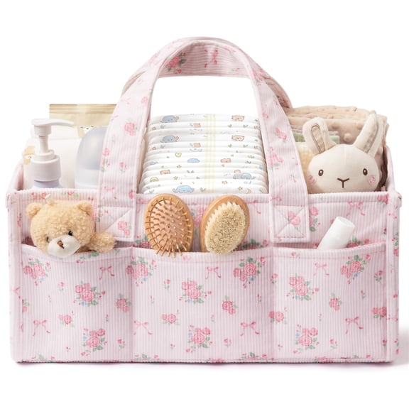 Corduroy Baby Diaper Caddy Organizer, Portable Nursery Storage Basket with 5 Removable Dividers, Large Diaper Organizer for Newborn Nursery Essentials, Baby Shower Gift, Pink Rose