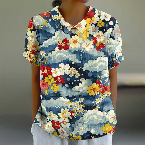 GaThRRgYP Women's Sleeveless & Short Sleeve Blouse,Women's Ladies Fashion Casual Cropped Short Sleeve Printing Loose Shirt Blouse Top Multicolor S