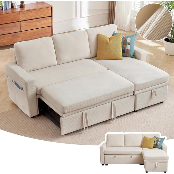 Pingliang Home Pull Out Sleeper Sectional Sofa Bed with Storage Chaise, Convertible L Shaped Couch with Side Pockets,Modern Linen Reversible Sofa Couch for Living Room Apartment Office Studio