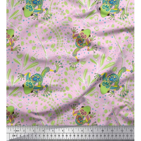 Soimoi Rayon Crepe Fabric Dot,Leaves & Lizard Reptile Printed Fabric 1 Yard 46 Inch Wide